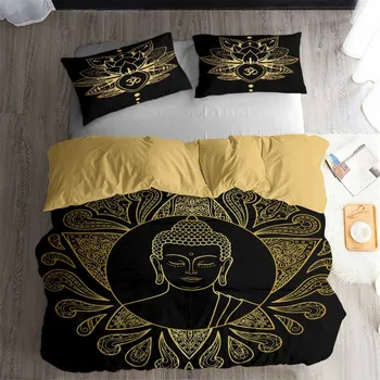 

Buddha Statue Duvet Cover Set Buddhist Yoga Lotus Culture Bedding Set King Size Black Golden Bed Set Mandala Bed Linen 3D Quilt