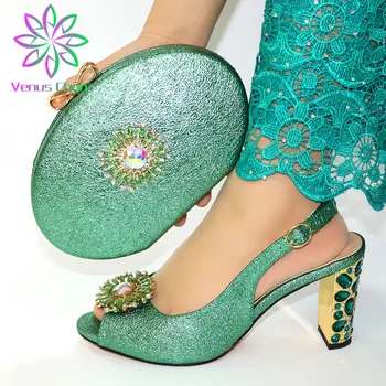 

New Arrival African Wedding Shoes and Bag Set green Color Italian Shoes with Matching Bags Nigerian Women party