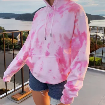 

Women Tie-dye Print Sweatshirts Hoodies Long Sleeve Drawstring Pockets Female Sweatshirt Autumn Streetwear Casual Ladies Hooded