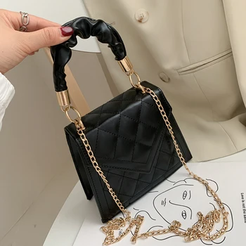 

Fashion Lattice Pattern PU Women Crossbody Handbags Simple Pleated Handle Solid Color Chain Female Shoulder Top-Handle Bag