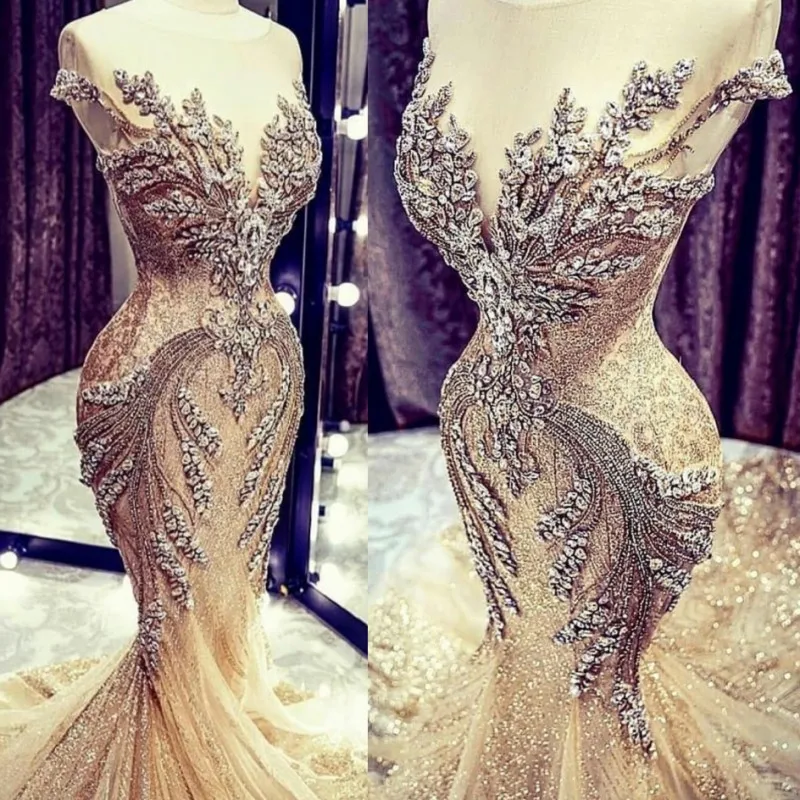 

Sheer Neck Major Beading Crystal Jewel Neck Mermaid Evening Dress Custom Made 2020 Illusion Luxury Prom Dresses Robe De Soire