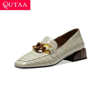 

QUTAA 2021 Square Toe Cow Leather+PU Ladies Pumps Fashion Slip On Square Low Heel Apricot Women Single Shoes Size 34-42