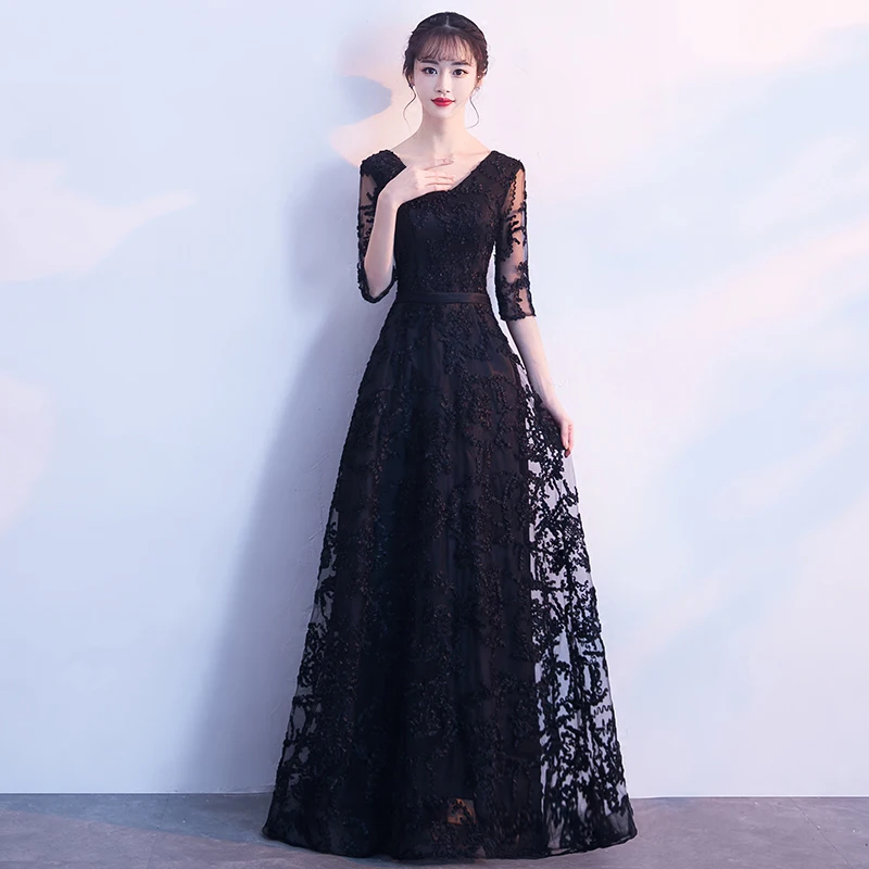 New 2019 Evening Dress Elegant Banquet Black Lace Half sleeve Floor-length Long Party Formal Gown plus size Robe De Soiree plus size formal dress