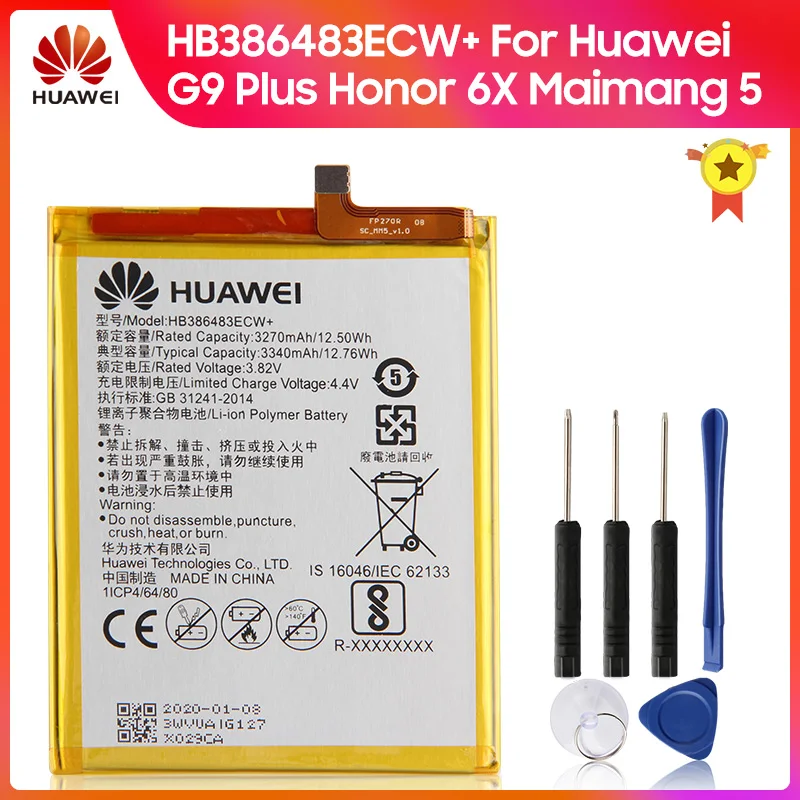 

HUAWEI HB386483ECW+ Genuine Battery For Huawei Honor 6X Maimang 5 MLA-AL00 G9 Plus G9Plus MLA-AL10 3340mAh Phone Battery + Tool