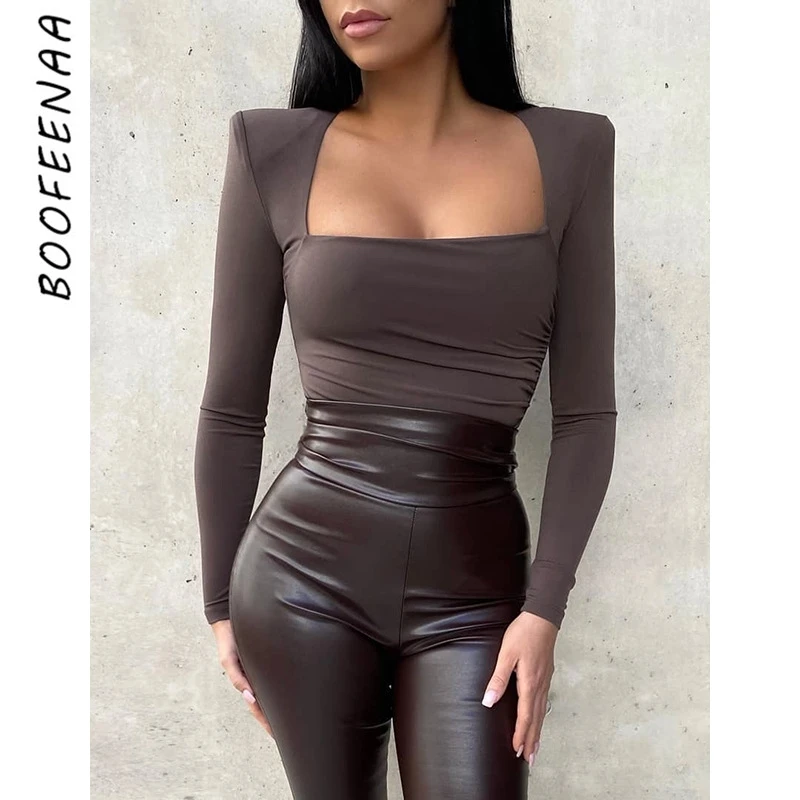 BOOFEENAA-Body de manga larga con hombros al descubierto para mujer, traje con cuello cuadrado, negro, marrón, Tops, otoño e invierno, 2020, C70-BE16