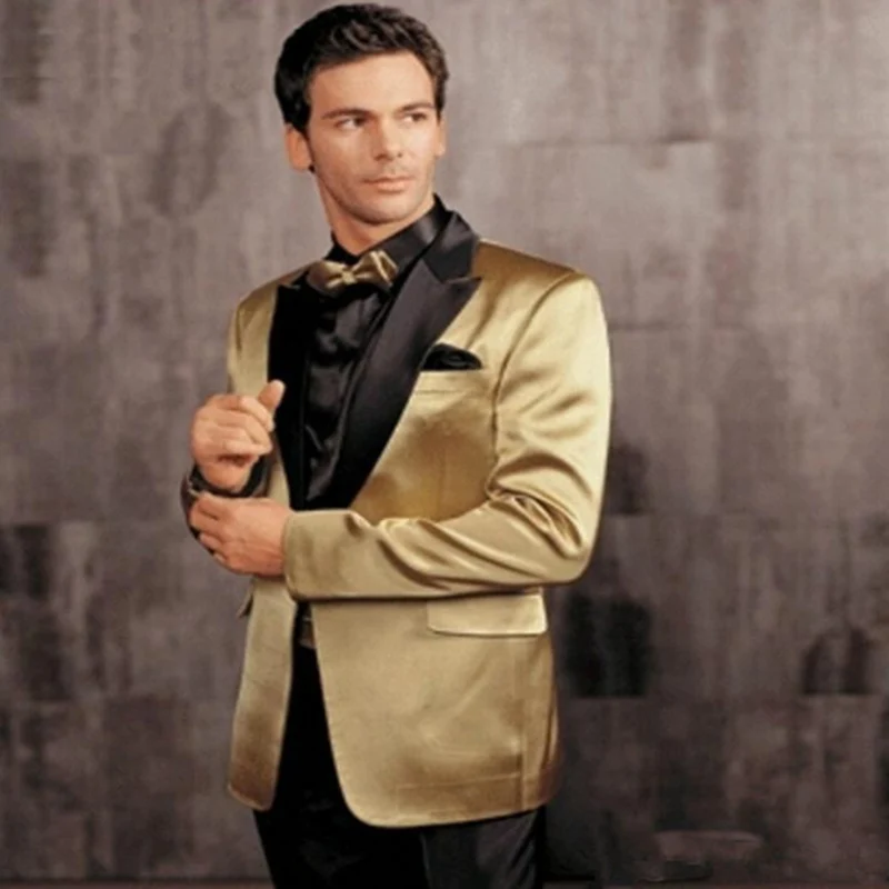 

Men Suit Gold Jacket With Black Lapel Groom Tuxedos Wedding Suit Groom Prom Dress Man Blazer Suit (Jacket+Pants) Custom Made