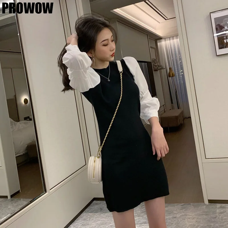 2020 Summer Korean Mini Party Dress Women Puff Sleeve Knit Dresses Elegant Vintage Pencil Dress Robe Vestidos De Festa