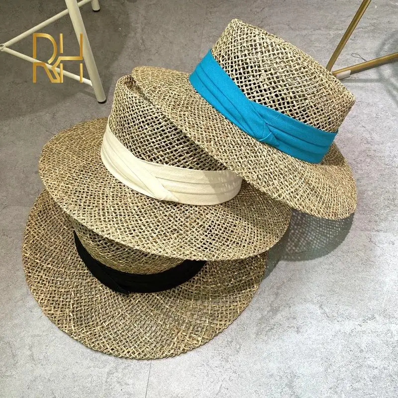 Travel Natural seagrass hollow flat brim hat ladies summer porkpie concave round sun hat beach straw with ribbon beach hat,women sun hat