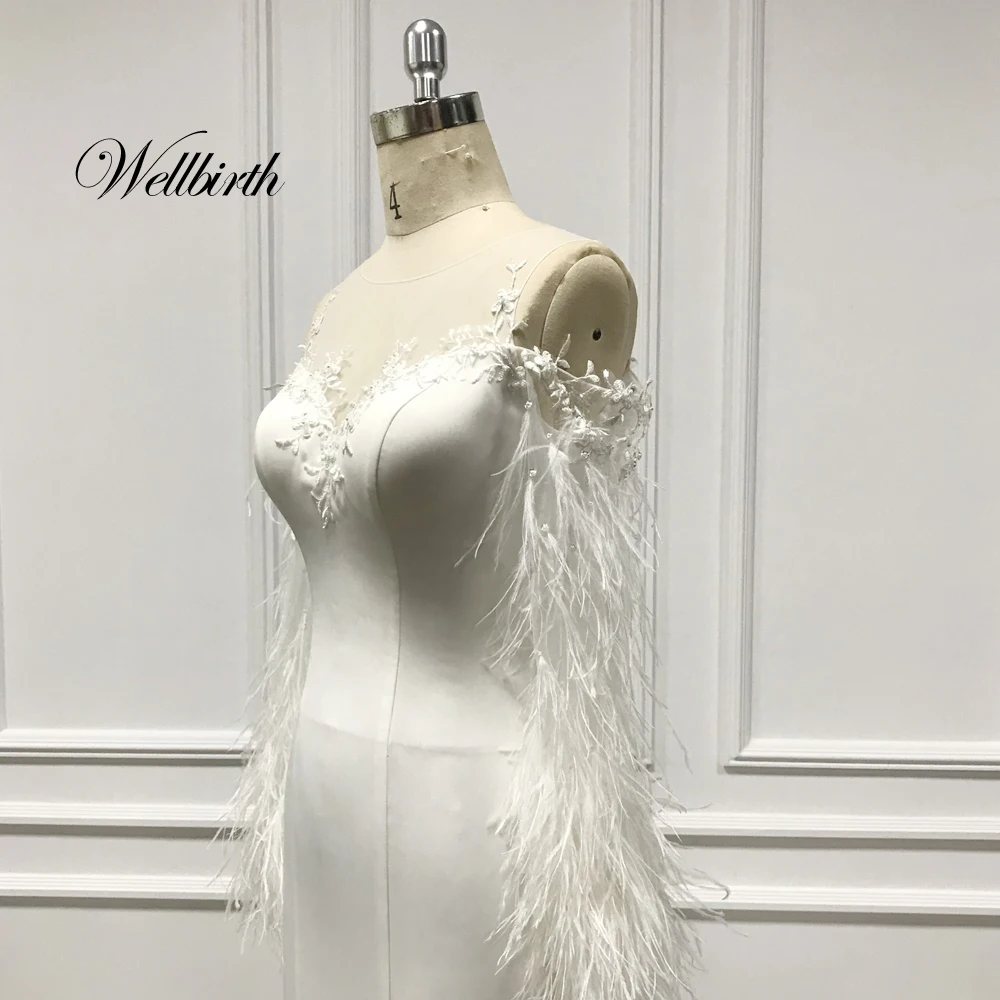 Реальное изображение Wellbirth Vestido de novia атласное свадебное платье русалки с рукавами из страусиных перьев, свадебное платье TT013