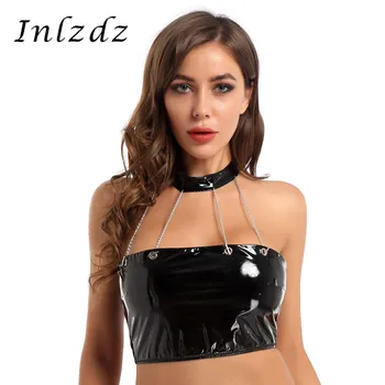 

Womens Pole Dance Top Wet Look Patent Leather Halter Neck Fesitval Rave Clothes Back Zip Up Bandeau Crop Tops for Party Clubwear