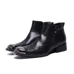 Botas hombre/черные натуральные кожаные военные ботинки со стальным носком и заклепками; сезон осень-зима; армейские ботинки на молнии для мужчин