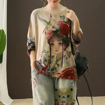 

retro spring autumn oversize sweater pullovers printed sweater women o-neck long sleeve casual loose thin knitwear