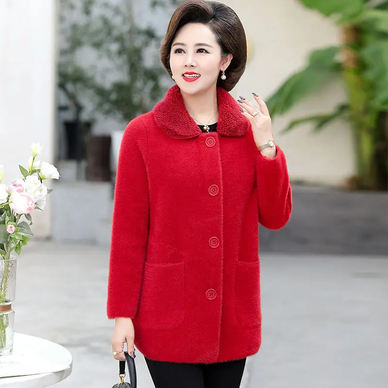 Size 6XL 2021 Autumn Winter Mom Coat Velvet Jacket Women Middle-Aged New Mink Fleece Mom Cardigan Woolen Jacket Femme
