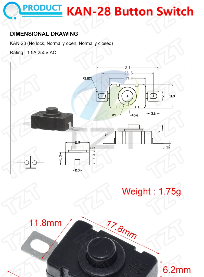 10/30 Stück KAN-28 TZT 1,5 A 250 V Taschenlampenschalter selbstsichernde SMD-Typ 18 x 12 mm Drucktastenschalter 1812–28 A – Detail 1