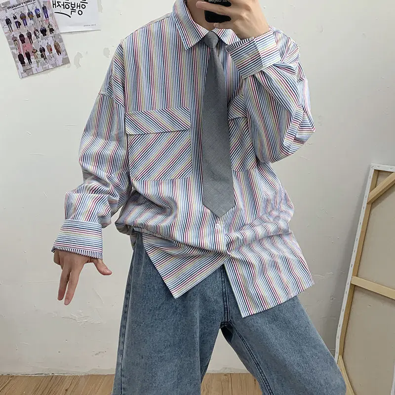 

Men's shirts 2020 autumn new slim solid color rainbow print long sleeves relaxed casual personality youth men's wear