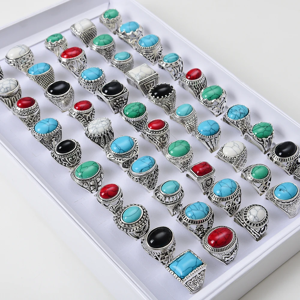50x Assorted Color & Size Turquoises Stone Rings for Men and Women Retro Jewelry 