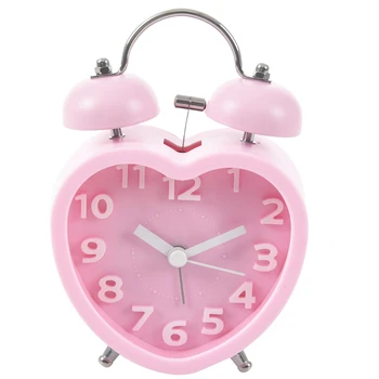 

Cute Small Double-Bell Night Light Children Mini Quartz Alarm Clock Heart (Pink)