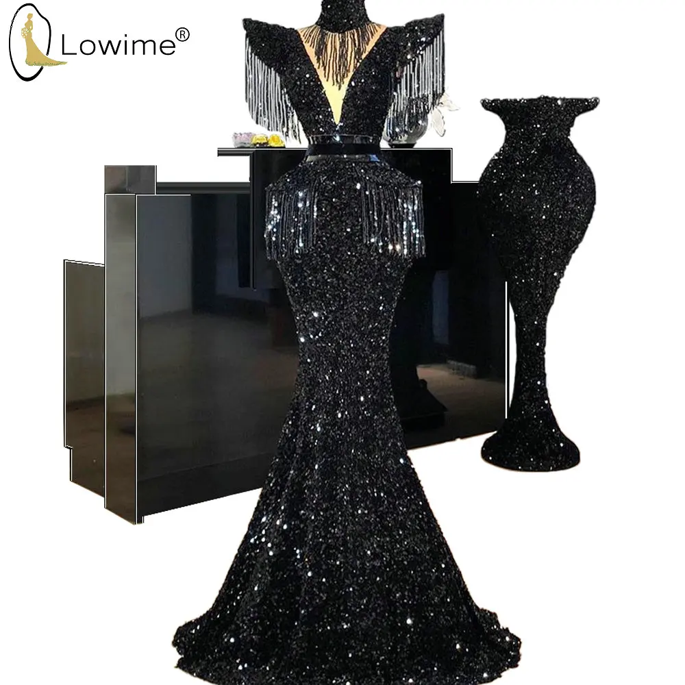 

Dubai Black Sparkly Mermaid Evening Dresses High Neck Arabic Sequined Robe De Soiree Prom Party Gowns Vestido De Festa