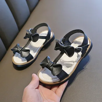 

Fashion Summer Children's Princess Beach Sandals Double Bow-knot Rhinestone Soft Leather Flats For Medium Big Girls Kids Sandals
