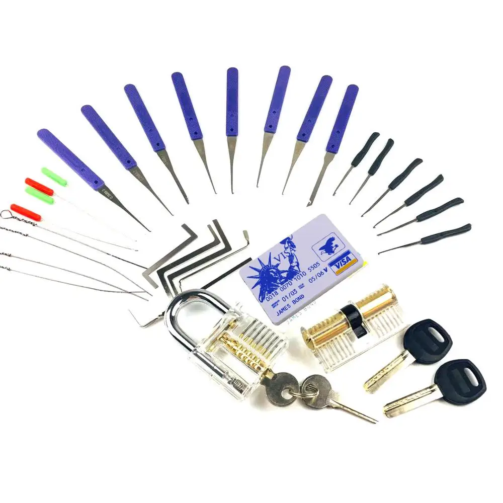 2pcs Transpare Locks with 22pcs Broken Key Pick Extractor Tools,Card Tools,Tension Wrench Tool, Lock Practice Pick Tools Kit