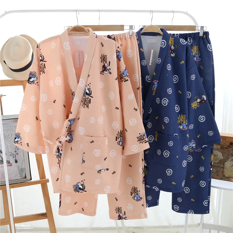 Rabbit Kimono Spring Summer Women's Half Sleeve Pajamas Set Pure Cotton Gauze Home Bathrobe Yukata Homewear Japanese Nightgown