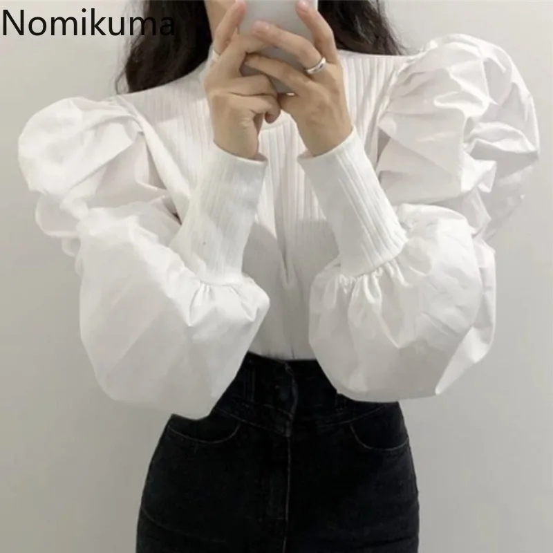 

Nomikuma Korean Style Puff Sleeve Shirt Women Blusas Solid Color Patchwork O Neck Elegant Blouse Lady Vintage Fashion Tops 3c817