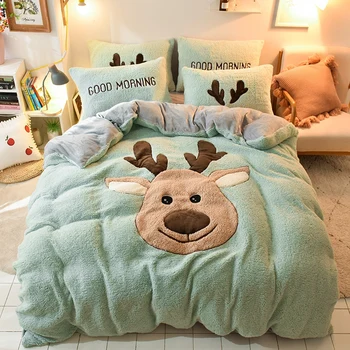 

GXC Cartoon Christmas Deer Embroidery Velvet Flannel Child Bedding set Berber Fleece Duvet Cover Bed Linen Fitted Sheet