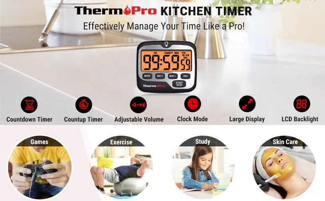 ThermoPro TM01 Kitchen Timers for Cooking with Count Up Countdown Timer,  Digital Timer for Kids Students with Touch Backlight, Study Timers for