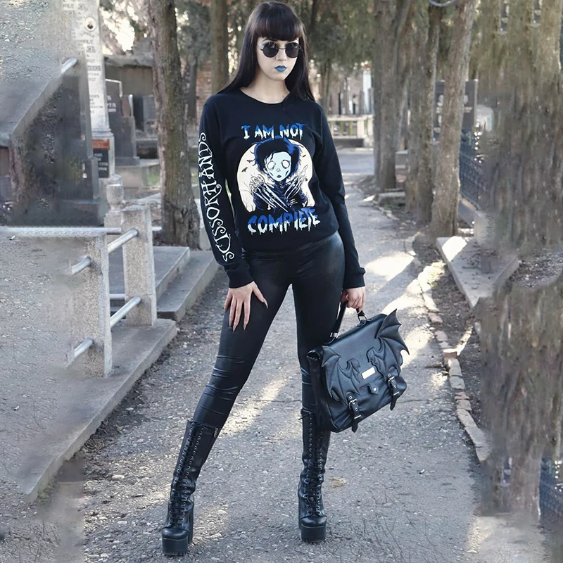 

New Autumn Fashion Women Sweater Long Sleeve Cartoon Printing Tops Slim Fit Female Casual Black Sweater Round Neck Gothic Shirts