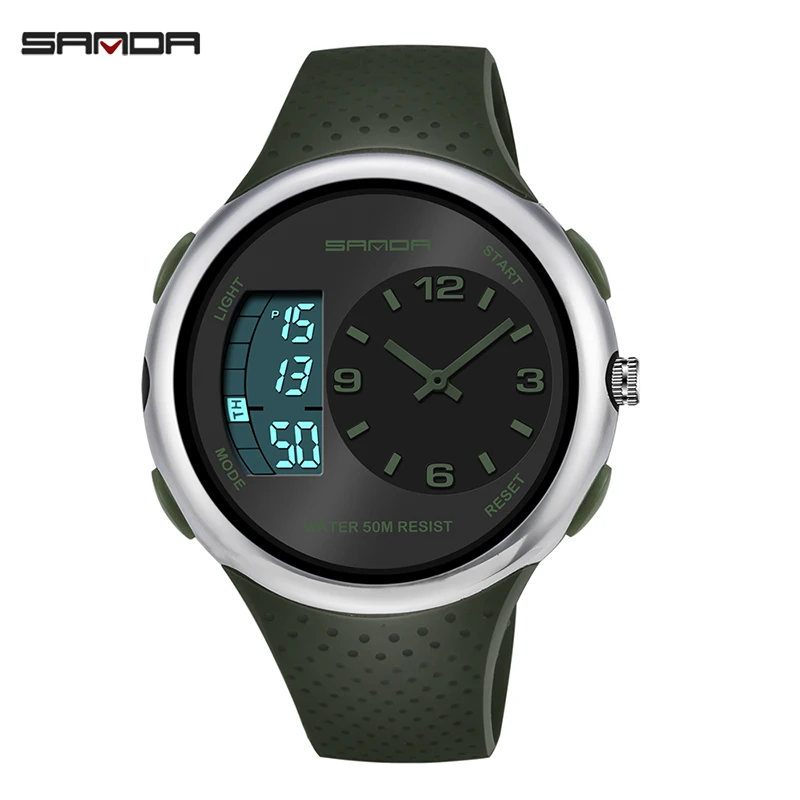 Army Green SANDA водонепроницаемые мужские спортивные цифровые часы мужские уличные светящиеся электронные часы Мужские часы с двойным дисплеем силиконовые наручные часы - Цвет: Army Green