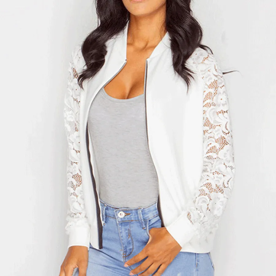 remarkable Lace Casual Jacket Women Splice Tight Long Sleeve Black White Thin Coat Ladies Fashion Sexy Slim Zi