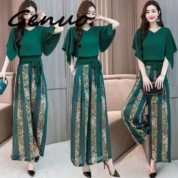 

Genuo New 2020 Summer Women Chiffon Batwing Sleeve Shirt+floral Wide Leg Pants Sets Lady Two Pieces Trouser Suits High Quality
