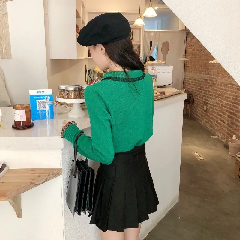 Woherb Pull Femme милые кружевные вязанные пуловеры в стиле пэчворк с отложным воротником и длинным рукавом, джемперы в Корейском стиле, модные топы на осень, новинка 91100