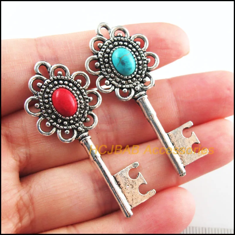 

6Pcs Retro Tibetan Silver Tone Key Flower Blue&Red Stone Charms Pendants 20x49mm