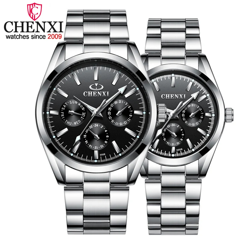 CHENXI брендовые Роскошные Кварцевые наручные часы с 3 маленькими декоративными циферблатами для влюбленных пары, серебряные часы из нержавеющей стали для мужчин и женщин