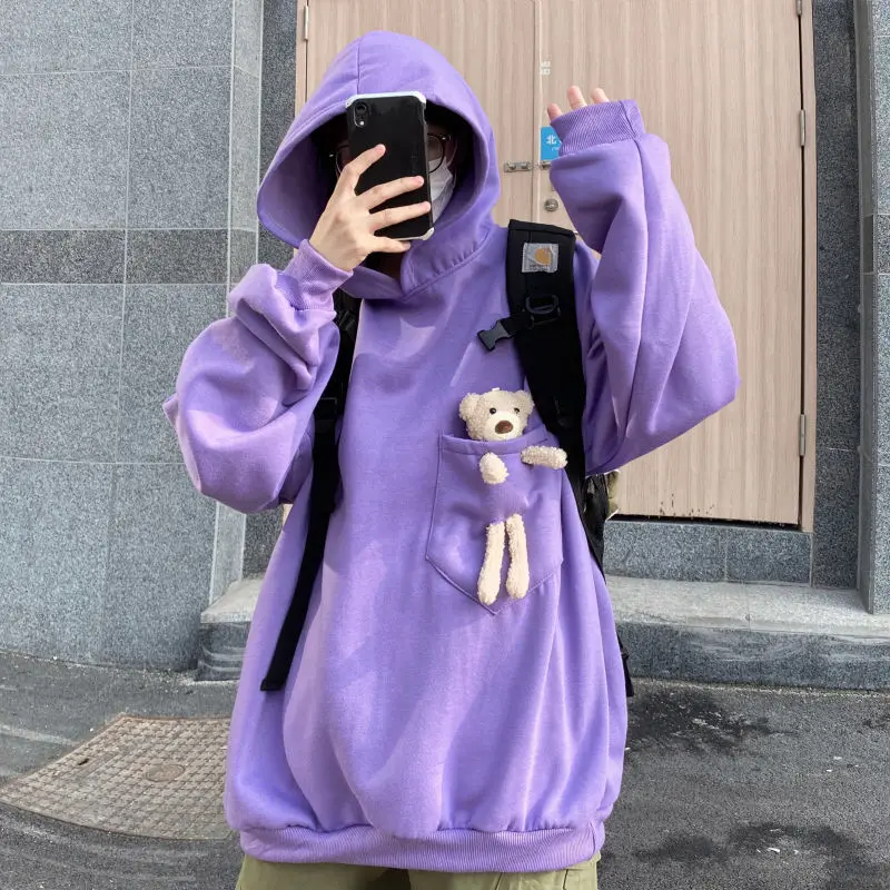 

harajuku aesthetic bear anime hoodie women korean kawaii crewneck long sleeve oversized streetwear kpop fall winter clothes tops