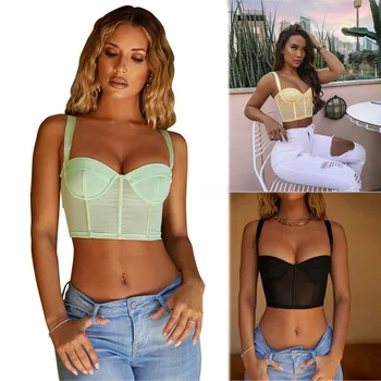 

Mesh See Through Tank Vest Crop Tops Fashion Women Sexy Sleveeless Strap Bra Vest Tank Camis Solid Casual Bodycon Out Clubwear