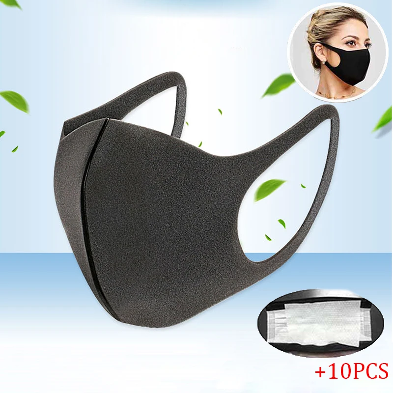 

11pcs Cotton PM2.5 Black mouth Mask anti dust mask pad Activated carbon filter bacteria proof Flu Face mascherine antivirus mask