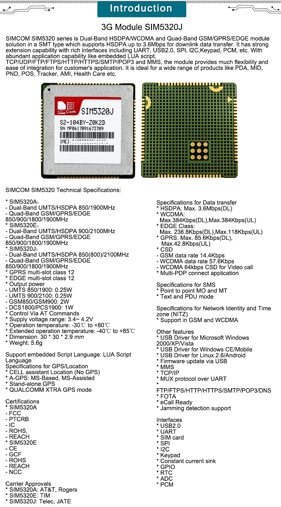 SIMCOM M2M 3g WCDMA SIM5320J, SIM5320J, UMTS/HSDPA 850(800)/2100MHz цена 1 шт