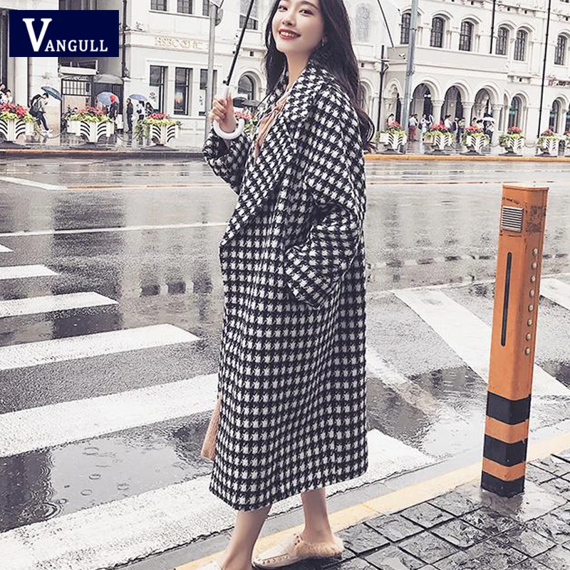 

Vangull Winter Plaid Women Wool Coats Turn-down Collar Loose Thick Long Jackets Women 2019 New Warm Black White Plaid Outerwear