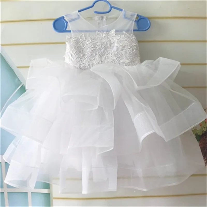 

White Lace Puffy Organza Baby Girl Birthday Dress O Neck Christening Gown Knee Length Kids Tutu Outfit First Communion Dress