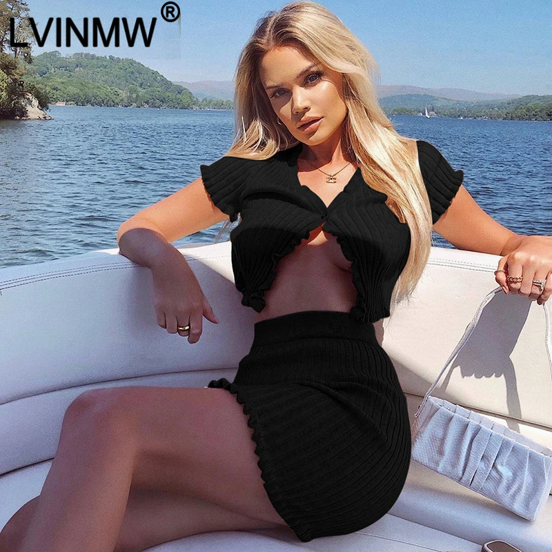 LVINMW сексуальный трикотажный комплект из двух предметов черный укороченный топ с