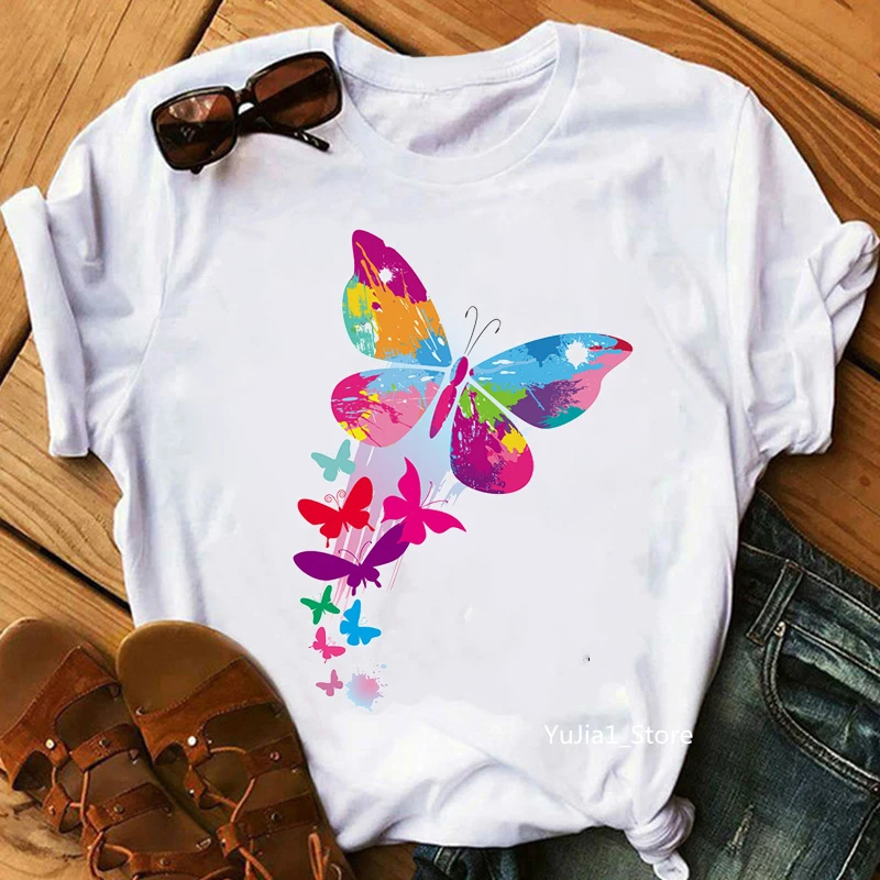 Camiseta con estampado de mariposa colorida para mujer, camiseta divertida  para mujer, camiseta Harajuku para mujer, ropa Tumblr, venta al por  mayor|Camisetas| - AliExpress