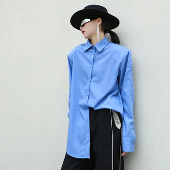 

Women Blue Vent Split Temperament Blouse New Lapel Long Sleeve Loose Fit Shirt Fashion Tide Spring Autumn 2020