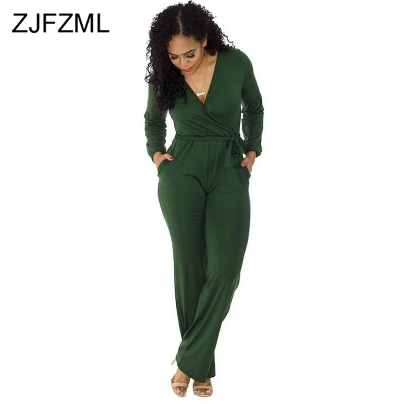 

Long Sleeve Sashes Plus Size Jumpsuit Women V Neck High Waist Causal Overalls 2019 Autumn Winter Solid Long Plus Size Bodysuit
