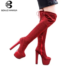 BONJOMARISA/пикантные вечерние сапоги до бедра, Размеры 33-43 г. Женские зимние сапоги выше колена на высокой платформе женские туфли на высоком каблуке