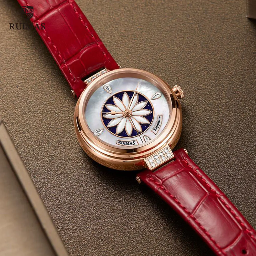 RUIMAS, женские часы, Роскошные, с красным кожаным ремешком, автоматические наручные часы, с цветным циферблатом, механические часы для девушек, водонепроницаемые часы 6776