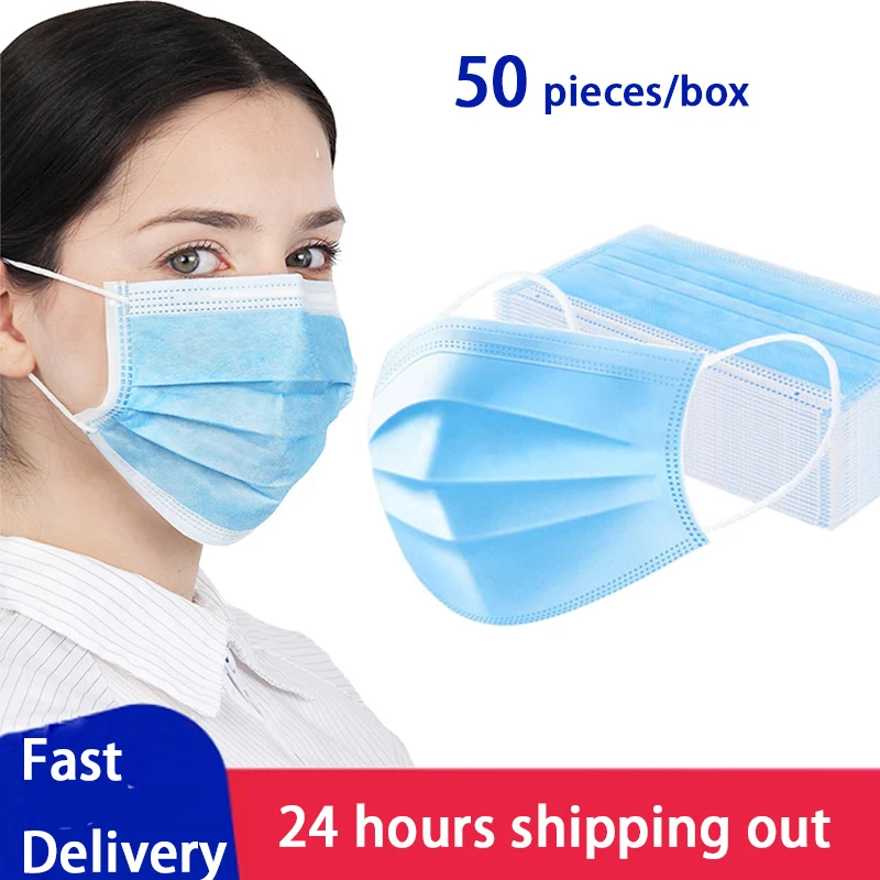 

50pcs/box 3-layer Mask Non Woven Disposable Face Mouth Masks Anti Spittle Meltblown Cloth Breathable Earloops Masks