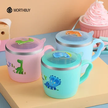 

WORTHBUY Cartoon Kids Milk Cup 304 Stainless Steel Water Milk Mug With Plastic Shell Lid Drinking Cup Bottle Ktichen Drinkware