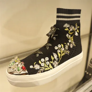 

Embroidered Knitted Platform Sneakers Metal Cap Round Toe Rhinestone Sock Boots Women Lace Up Casual Shoes кроссовки женские